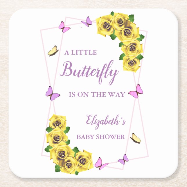 Little Butterfly Baby Shower Square Paper Coaster (Front)