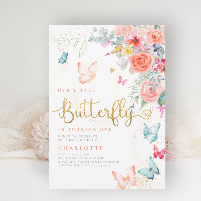 Little Butterfly Bright Garden Girl Birthday Party Invitation (our little butterfly girls birthday party invite pink garden floral  butterflies watercolor elegant)