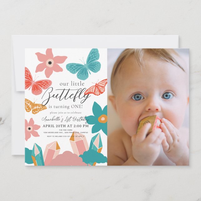 Little Butterfly Crystal 1st Birthday Photo Invitation (Front)