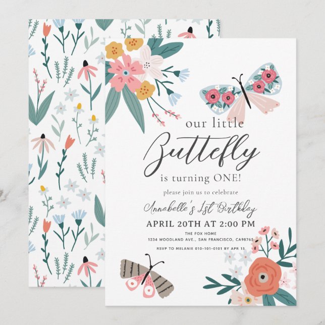 Little Butterfly Floral Girl 1st Birthday Invitation (Front/Back)