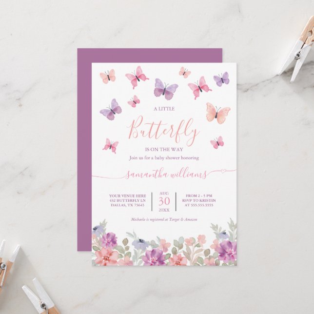 Little Butterfly Flowers Pink & Purple Baby Shower Invitation (Front/Back In Situ)