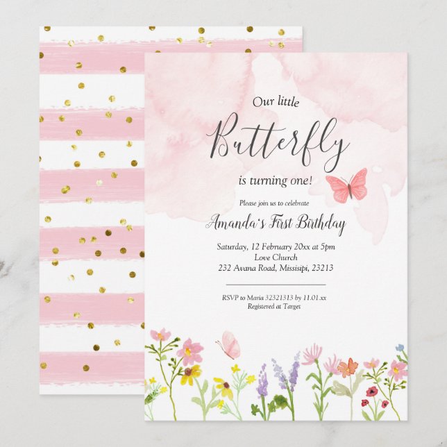 Little butterfly girl birthday invitation (Front/Back)