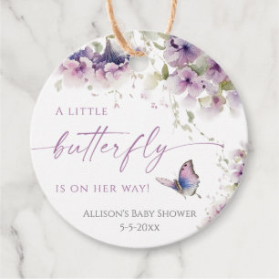 Little butterfly is on the way purple baby shower favour tags