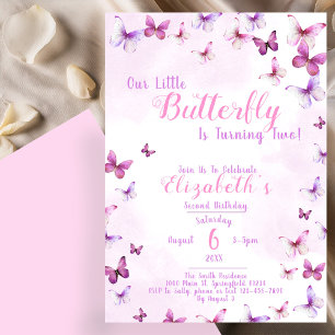Little Butterfly Pink Girl Second Birthday Invitation