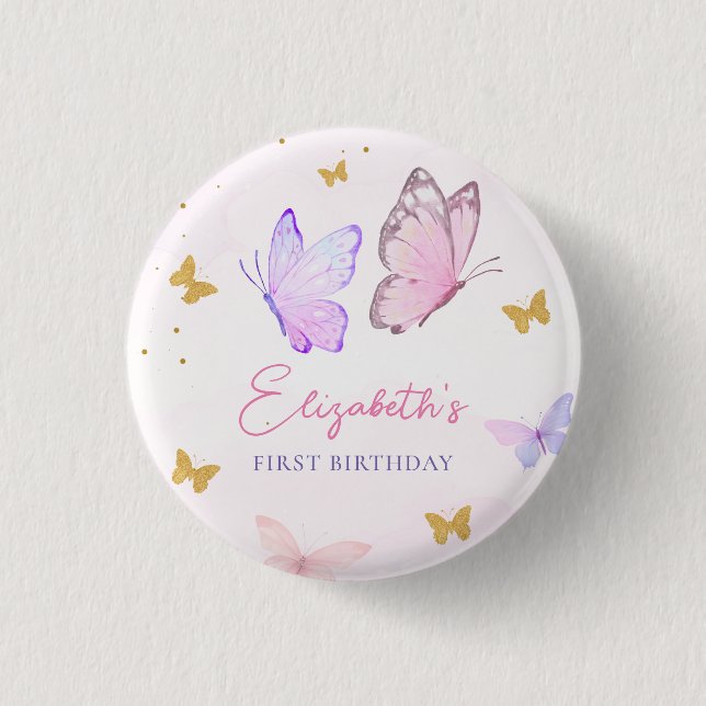 Little Butterfly Pink Purple Gold Girl Birthday 1 Inch Round Button (Front)