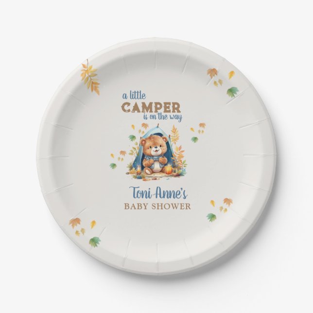 LITTLE CAMPER  BLUE WATERCOLOR BABY SHOWER  PAPER PLATE (Front)