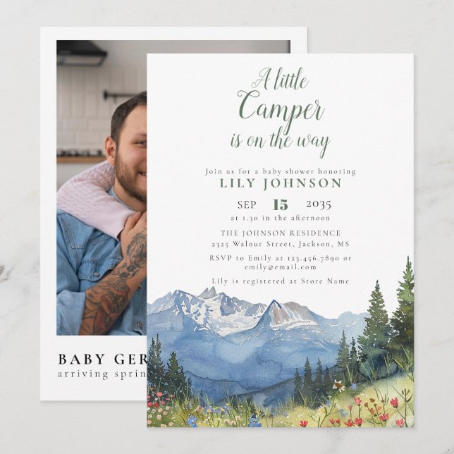 Little Camper Mountain Baby Shower Photo QR Code Invitation (Front/Back)