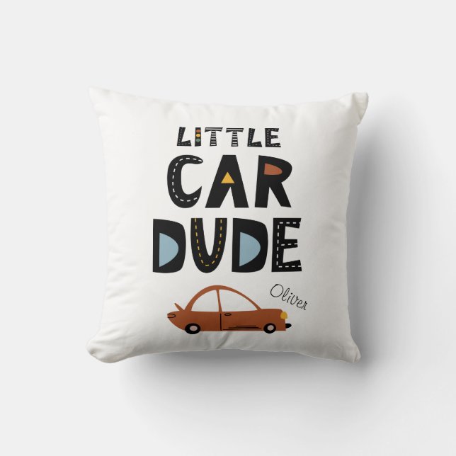 Little Car Dude First Name Throw Pillow (Front)