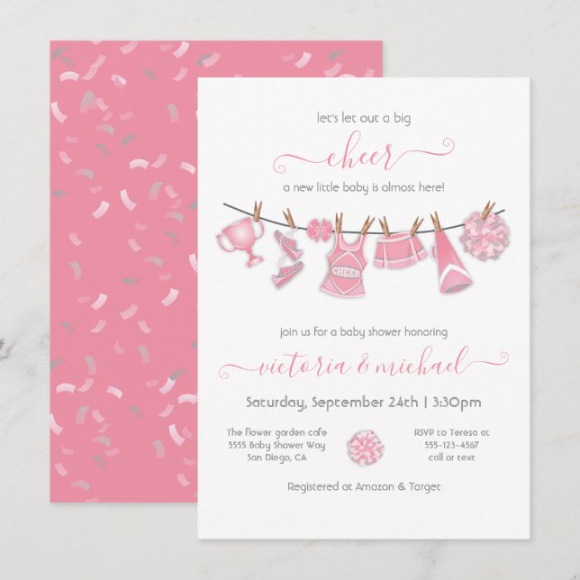 Little Cheerleader Baby Shower Clothesline Invitation (Front/Back)