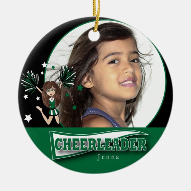 Little Cheerleader - DIY Photo -  Dark Green Ceramic Ornament (Front)
