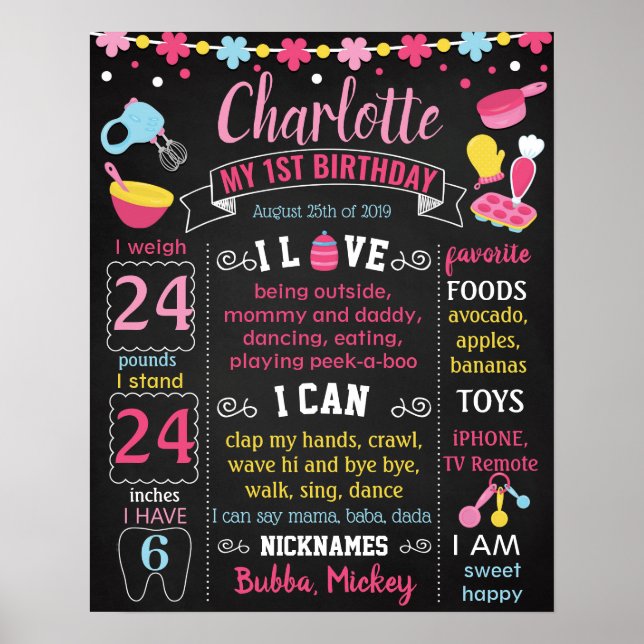 Little Chef cook cooking First Birthday chalkboard Poster (Front)
