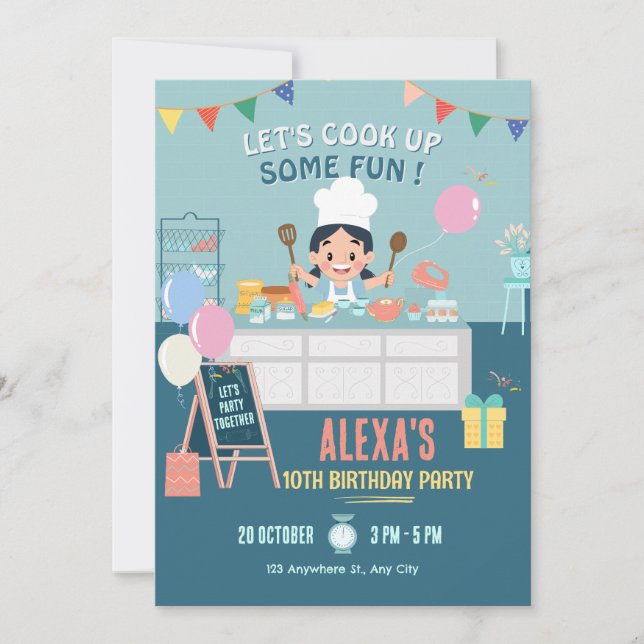 Little chef kitchen cooking birthday invitation (Front)