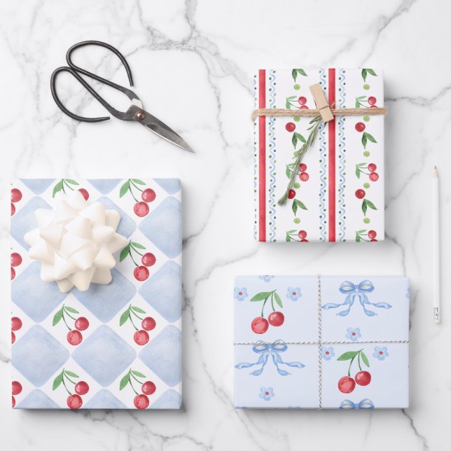 Little cherry Blue whimsical Baby Shower Wrapping Paper Sheet (Front)