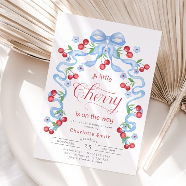Little Cherry on the way Blue Bow boy baby shower Invitation (Creator Uploaded)