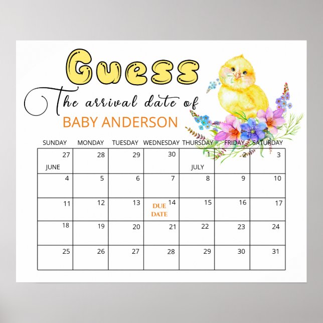 Little Chick Baby Shower Guess Due Date Calendar   Poster (Front)