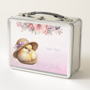Little Chick Blue Pink Ribbon Metal Lunch Box
