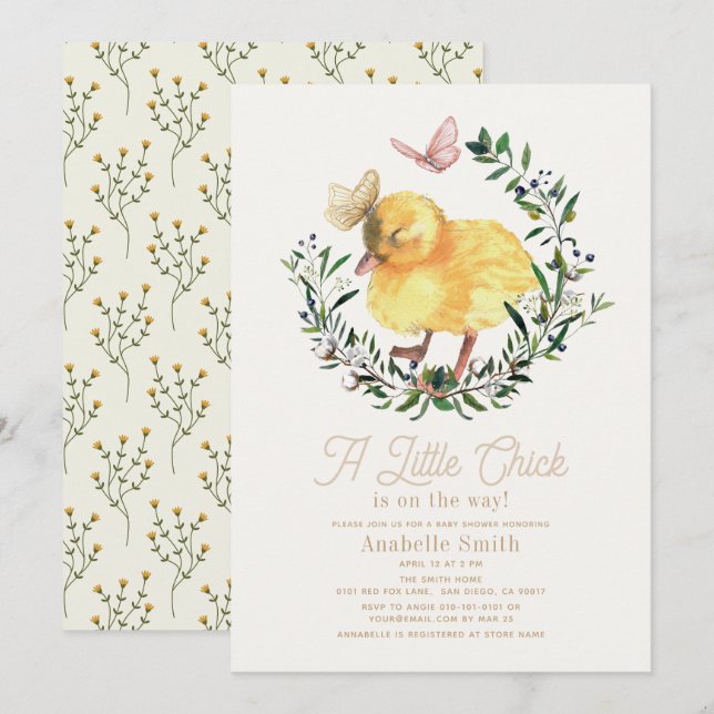 Little Chick & Butterfly Wreath Girl Baby Shower Invitation (Front/Back)