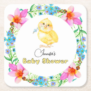 Little Chick Floral Baby Shower Square Paper Coaster