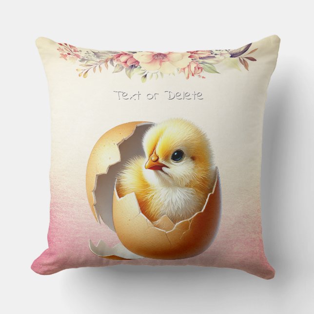 Little Chick Hatching Floral Throw Pillow (Front)