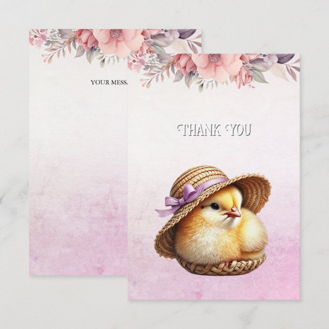 Little Chick Pink Ribbon Thank You Card (Front/Back)
