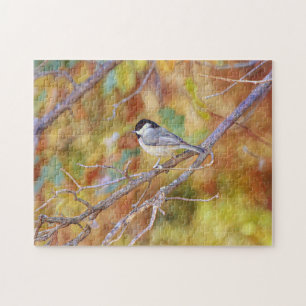 Little Chickadee Bird in Fall Trees Art Puzzle