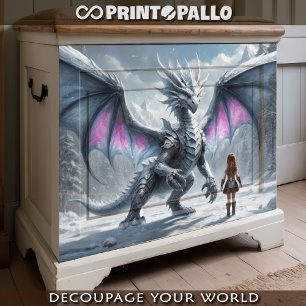 Little child girl and giant dragon in snowy realm tissue paper