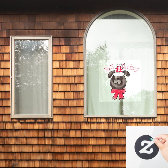 Little Christmas dog wearing knitted cap and scarf Window Cling (Home Window)