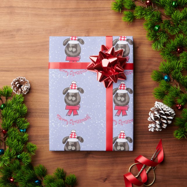 Little Christmas dog wearing knitted cap and scarf Wrapping Paper (Holiday Gift)
