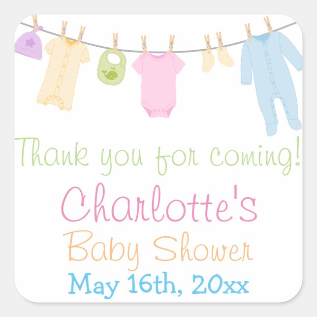 Little Clothes Baby Shower Party Favour Square Sticker (Front)