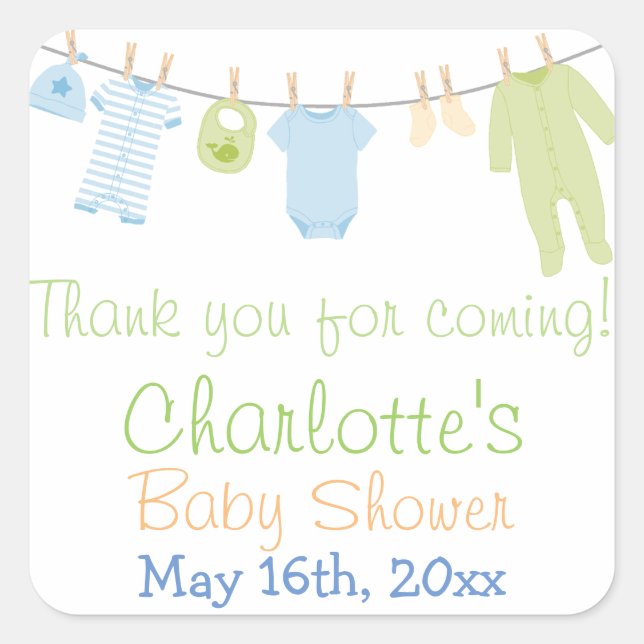Little Clothes Blue & Green Baby Shower Party Square Sticker (Front)
