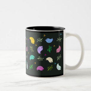 Little Colourful Birds Pattern on Black Two-Tone Coffee Mug