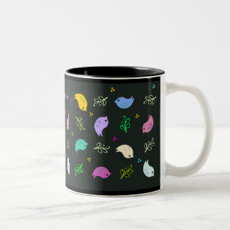 Little Colourful Birds Pattern on Black Two-Tone Coffee Mug