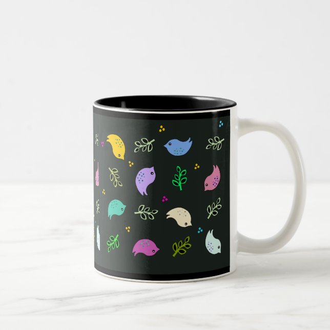 Little Colourful Birds Pattern on Black Two-Tone Coffee Mug (Right)