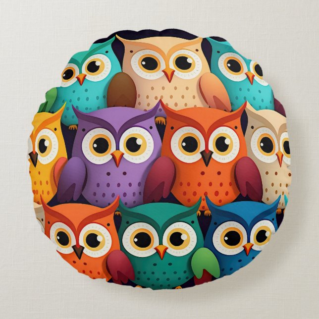 Little Colourful Owls Round Pillow (Front)