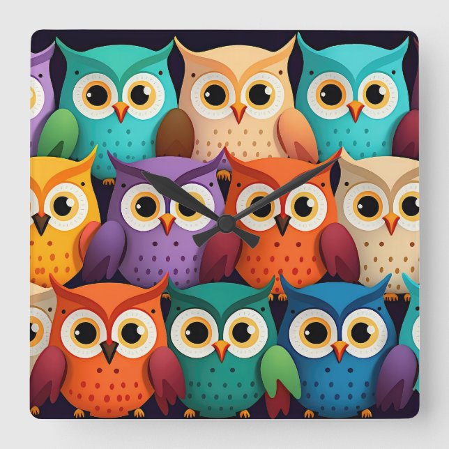 Little Colourful Owls Square Wall Clock (Front)