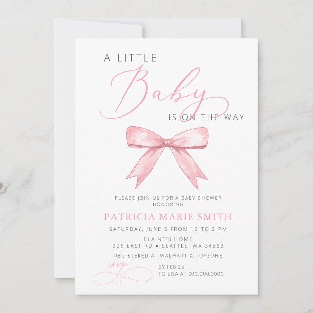 Little Coquette Is On The Way Pink Bow Baby Shower Invitation (Front)