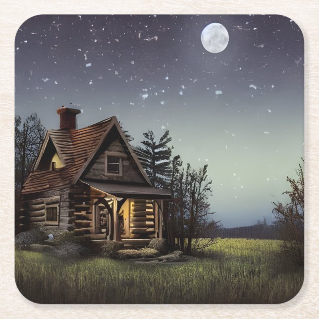 Little Cottage In The Moonlight Square Paper Coaster (Front)