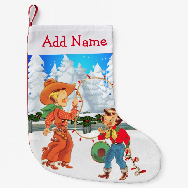 Little Cowboy And Cowgirl With Rope  Lights Winter Small Christmas Stocking (Front)