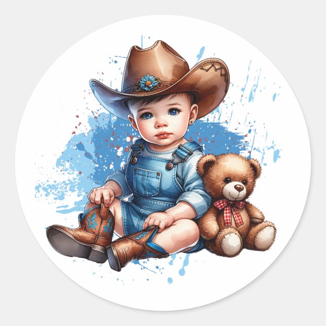 Little Cowboy and Teddy Bear Baby Shower Classic Round Sticker (Front)