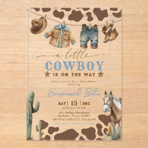 Little Cowboy Baby Shower Baby Clothes Watercolor Acrylic Invitations