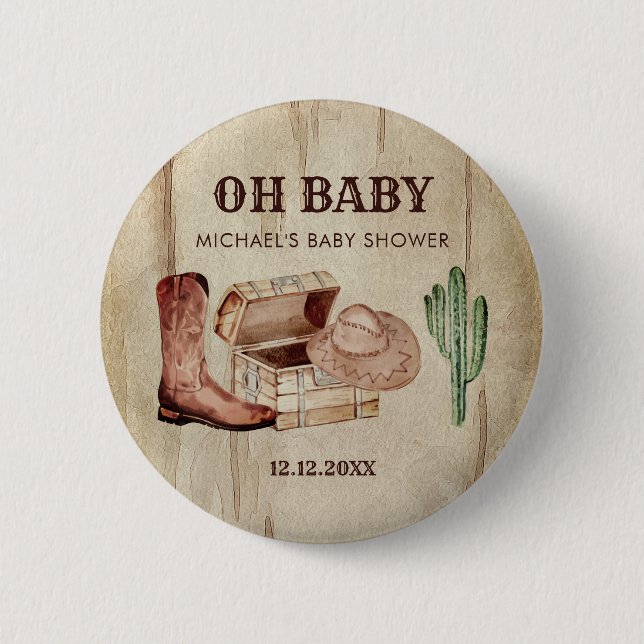 Little Cowboy Baby Shower Cactus Boots Hat 2 Inch Round Button (Front)