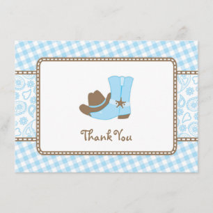 Little Cowboy Baby Shower Thank You blue and brown Card