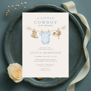 Little Cowboy Blue Clothesline Boy Baby Shower Invitation