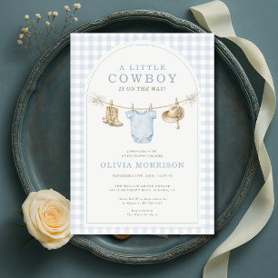 Little Cowboy Blue Gingham Boy Baby Shower  Invitation