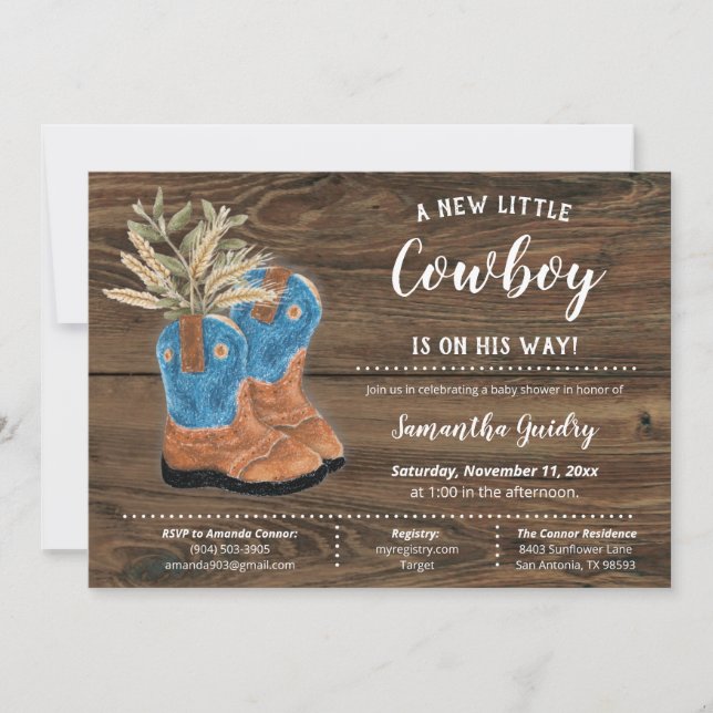 Little Cowboy Bootie Brown Wood Baby Shower Invitation (Front)