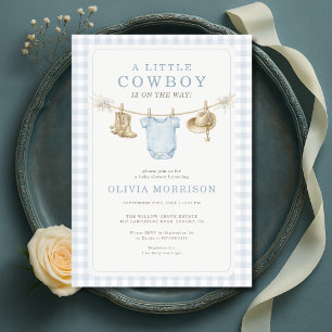 Little Cowboy Clothesline Gingham Baby Shower  Invitation