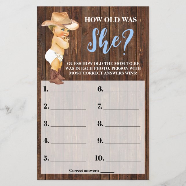 Little Cowboy How old was She Baby Shower Game Flyer (Front)