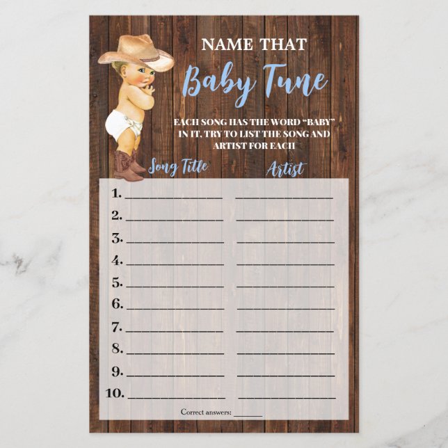 Little Cowboy Name that Baby Tune Shower Game Card (Front)