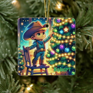 Little Cowboy On Chair Decorating Christmas Tree Ceramic Ornament