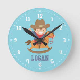 Little Cowboy on Rocking Horse Boys Room Round Clock